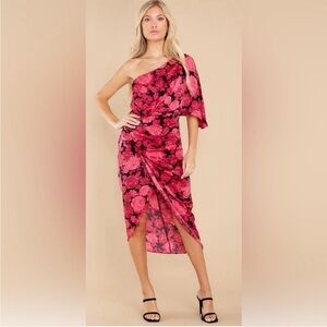 Do+Be Floral One Shoulder Roses Midi Tulip Dress